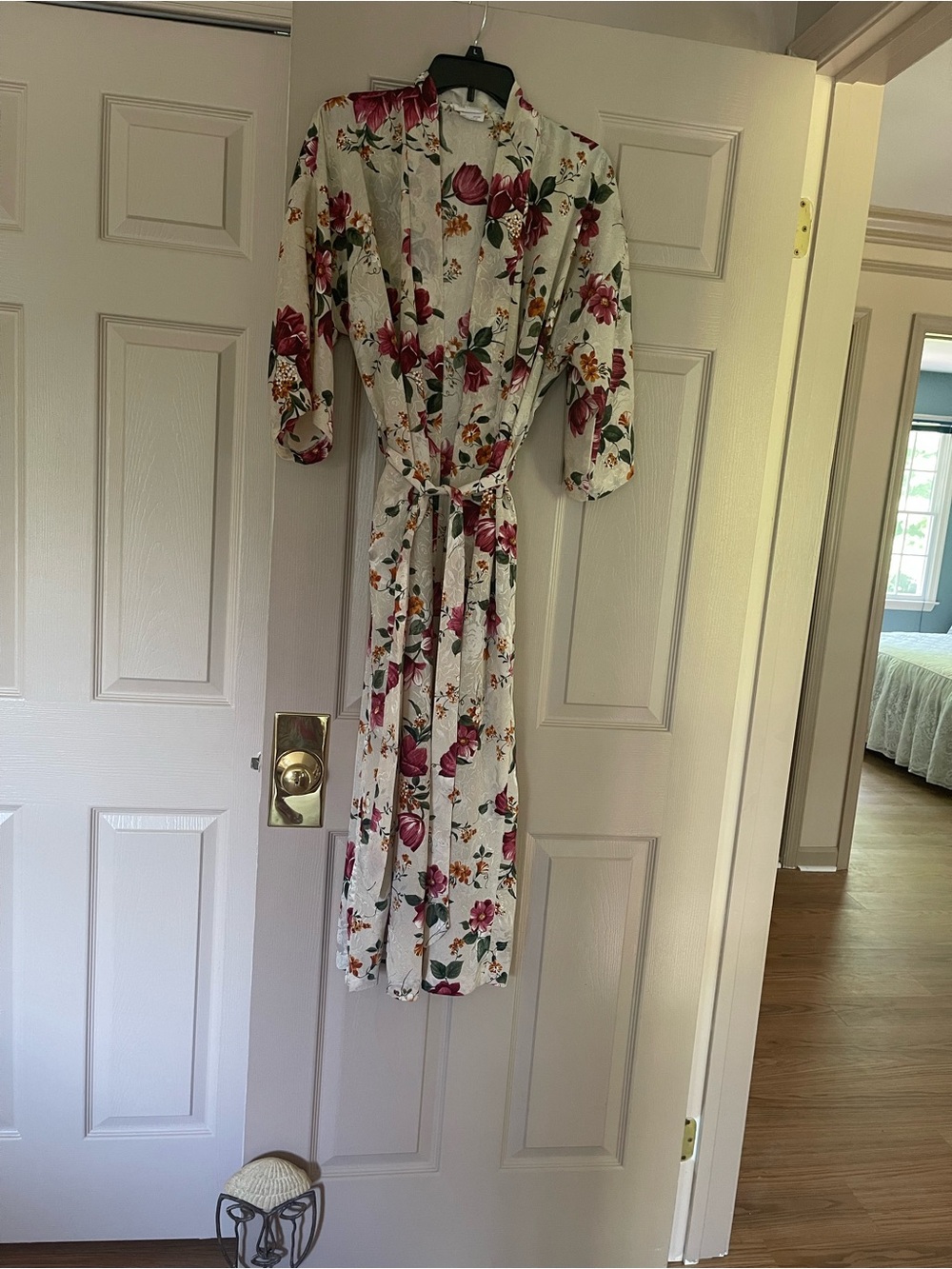 Floral Tie-Waist Midi Robe in Cream with Pink Floral Print